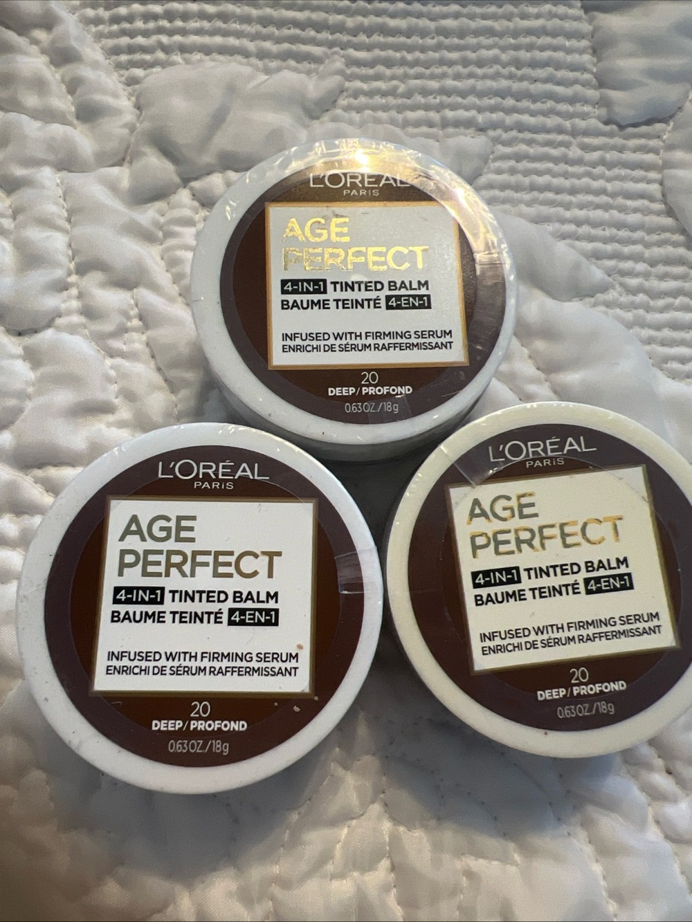 Lot 3 Pack L'Oreal Paris AGE PERFECT 4-in-1 Tinted Balm 20 Deep Profond .63 oz